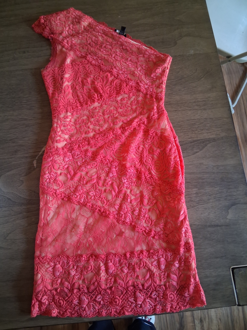 bebe Coral One-Shoulder Lace Sheath Dress
